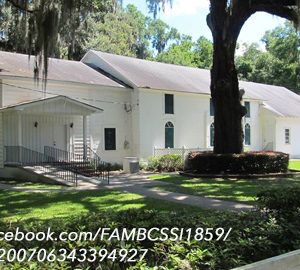 The First African Baptist Church on St. Simons Island. white building that looks like a church